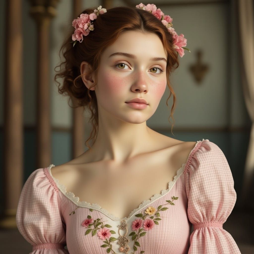 Regency Beauty in Pink Gingham Gown with Elegant Embroidery