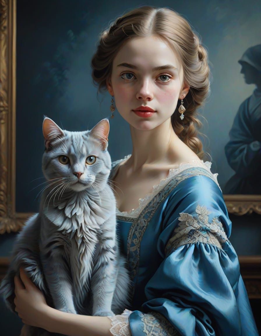 Elegant Baroque Portrait of a Woman with Her Majestic Cat