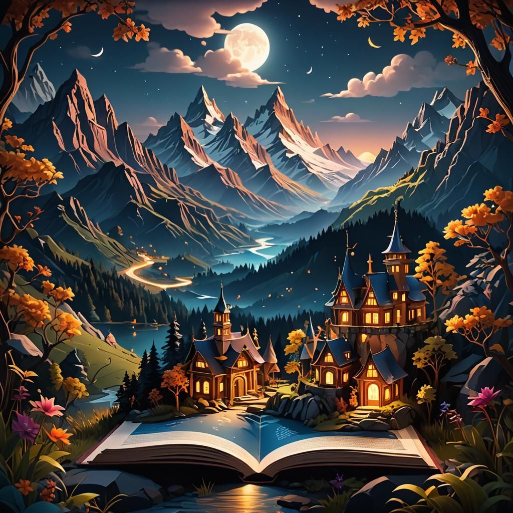 Night Mountain Landscape in Fairy Tale Book Illustration