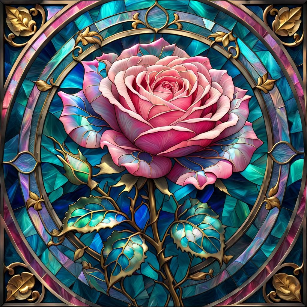 Renaissance Stained Glass Rose Window in Holographic Style