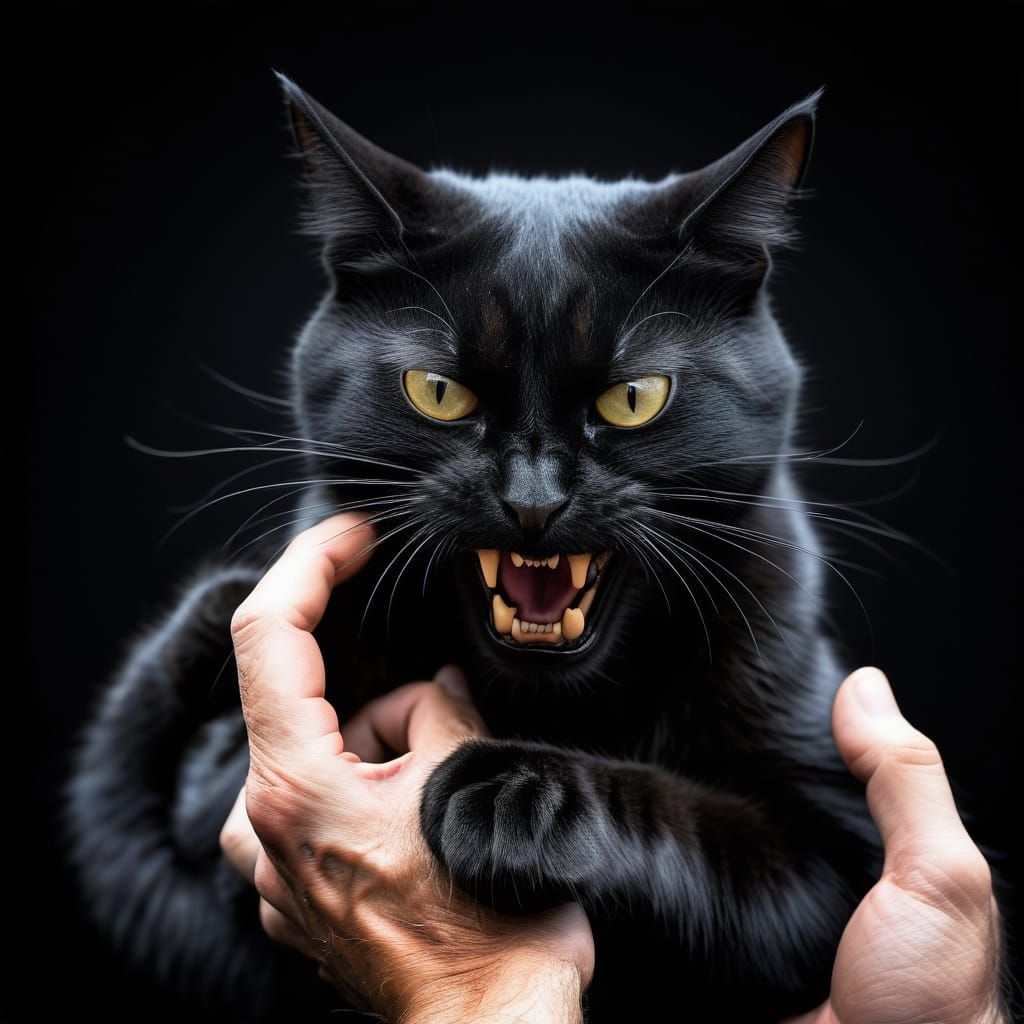Furious Black Cat Bites Man's Hand