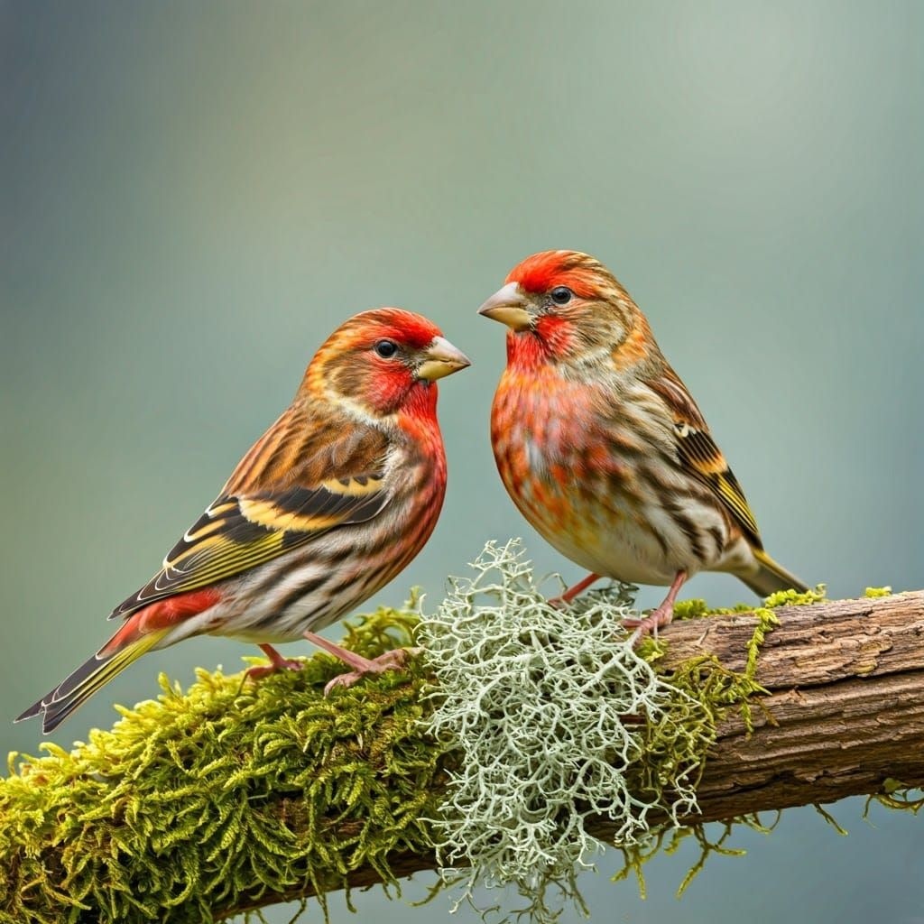 Strawberry Finch Couple on Mistletoe Branch