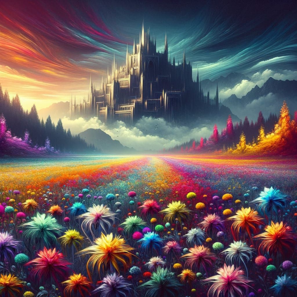 Vibrant Meadow Meets Dark Fortress in Eerie Landscape