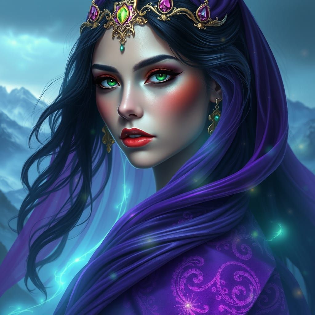 Regal Enchantress in Ethereal Purple Gown with Vibrant Aura