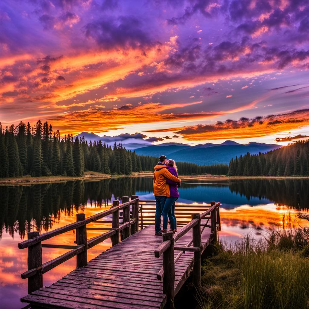 Romantic Sunset Embrace on Ornate Wooden Bridge