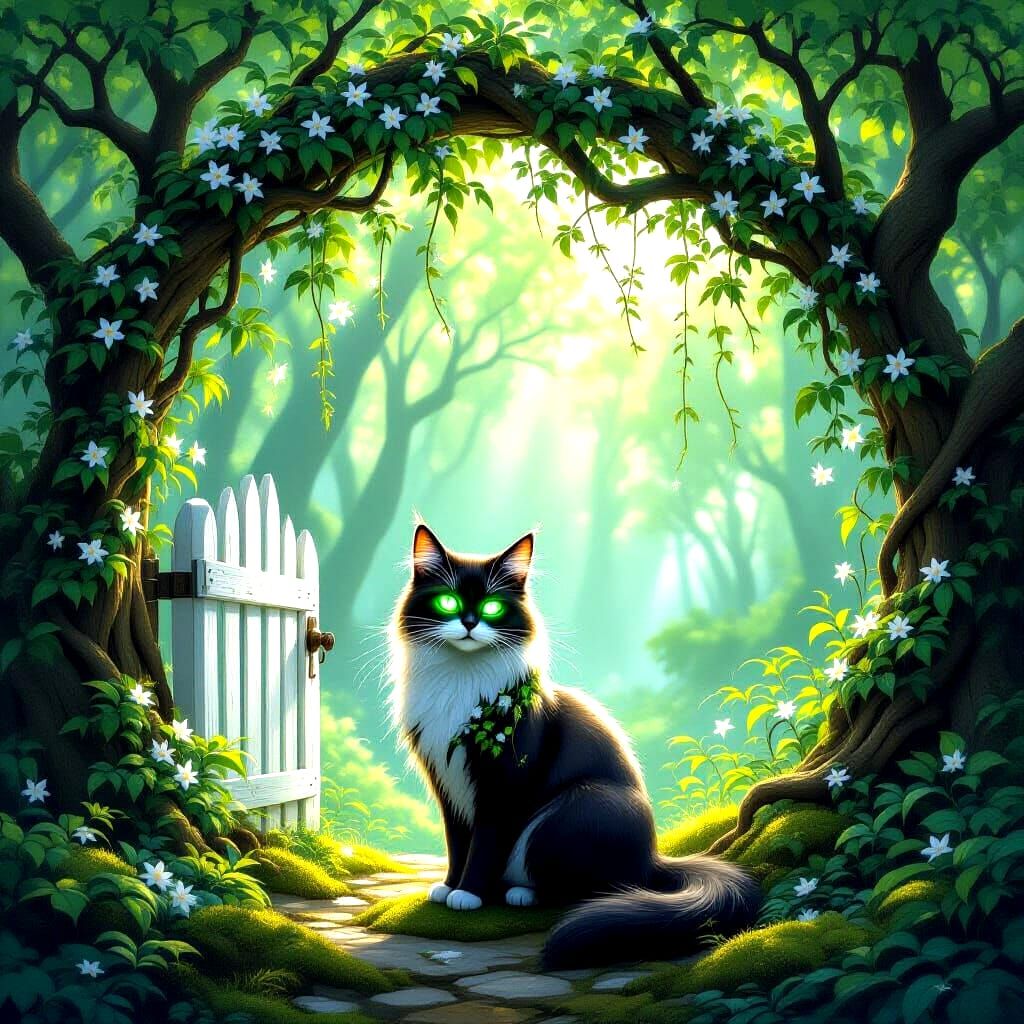 Mystical Cat in Enchanted Forest with Jasmine