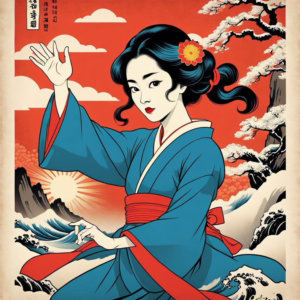 Whimsical Retro Blockbuster Movie Poster in Ukiyo-e Style