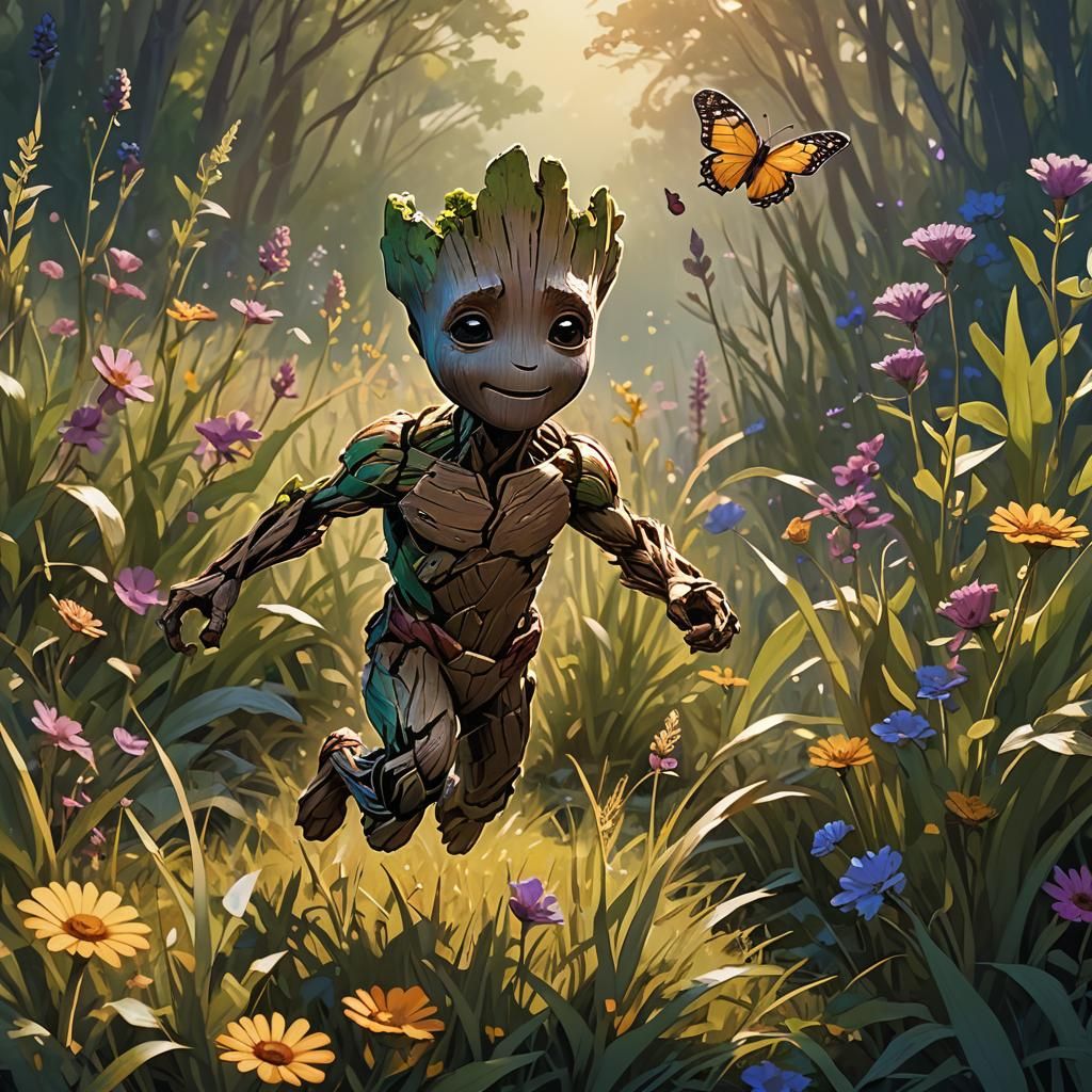 Baby Groot Chasing Butterfly in Sunlit Meadow