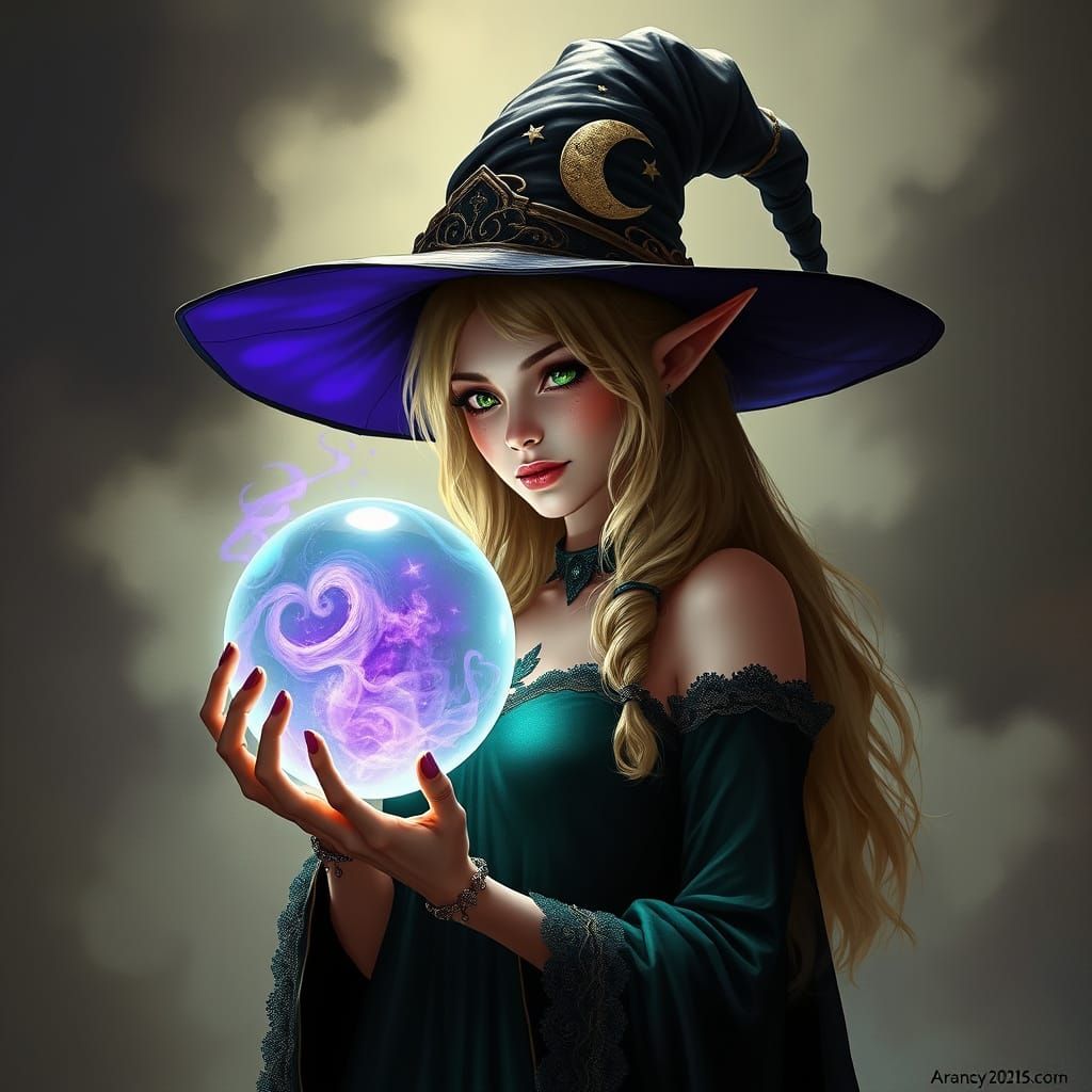Blonde Elf Witch With Crystal Ball In Dark Fantasy Style