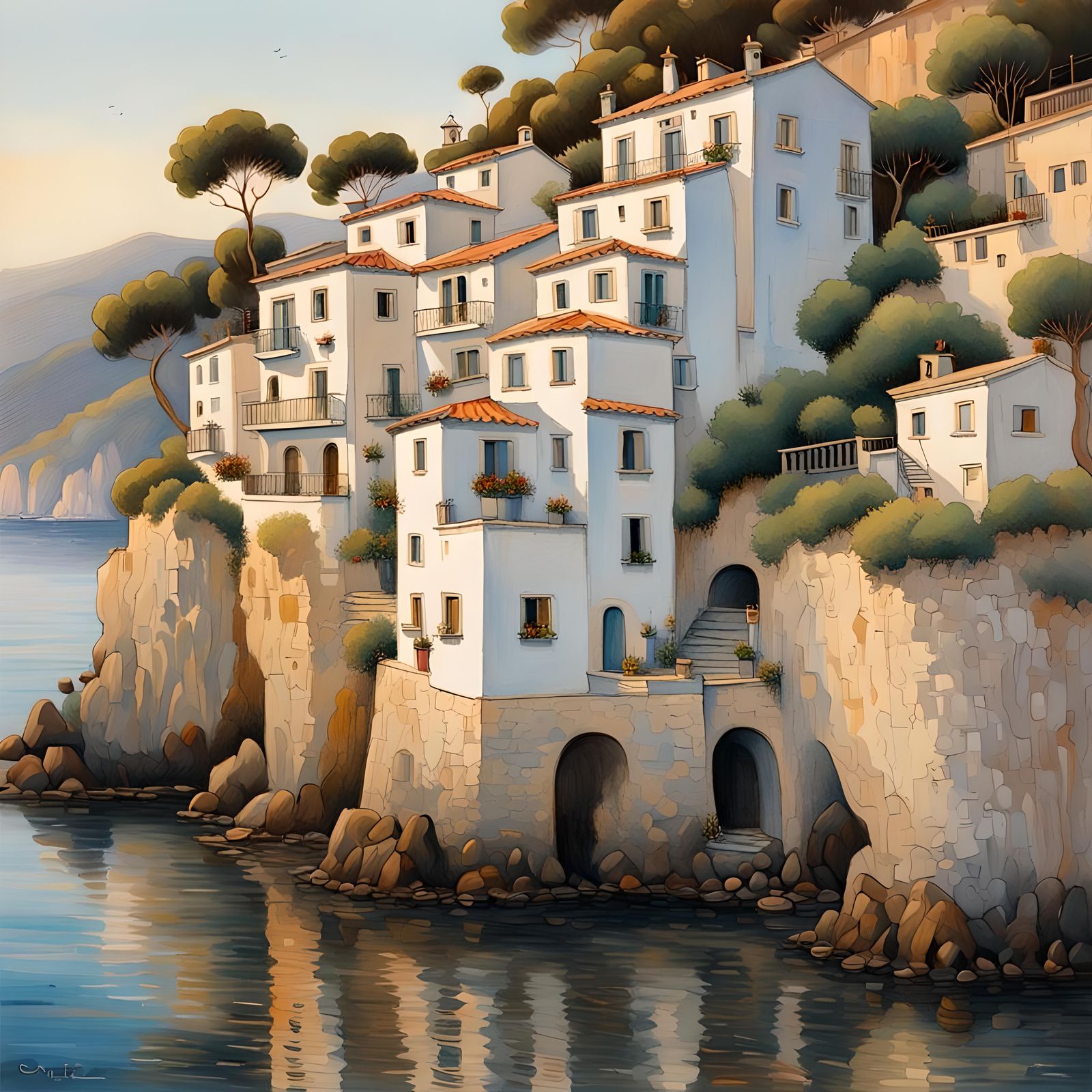 Mediterranean Fisherman's House at Dawn, Klimt-Inspired