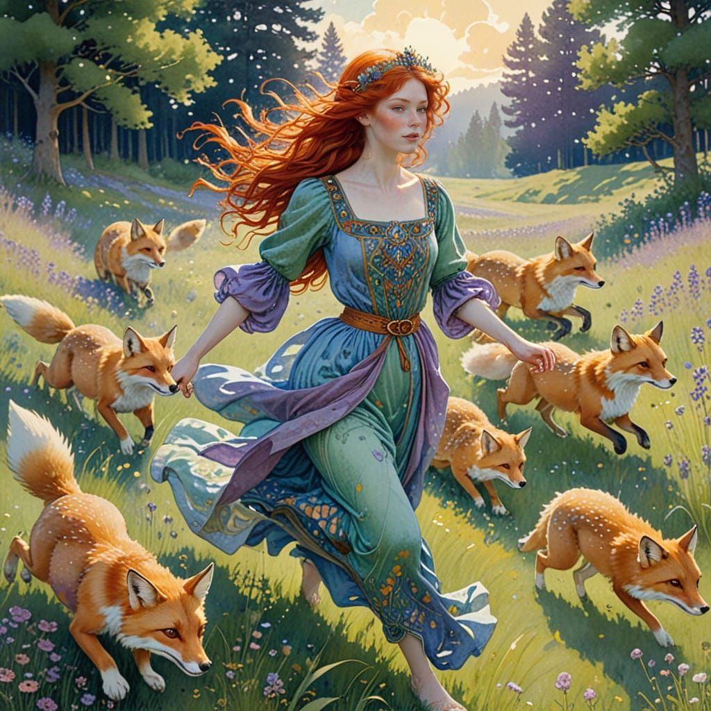 Romantic Watercolor Princess in a Sunlit Meadow with Foxes