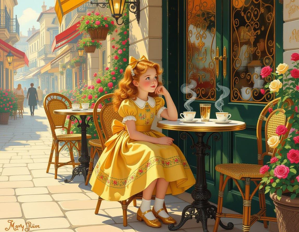 Redhead Girl at Cafe in Whimsical Digital Art Style