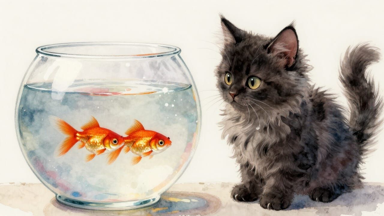 Fluffy Kitten Fascinated by Goldfish in Watercolor Style