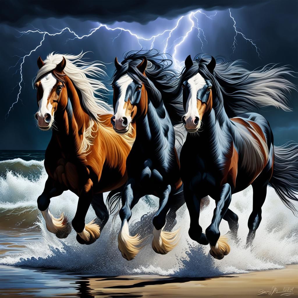 Gypsy Vanner Horses Galloping on Stormy Beach