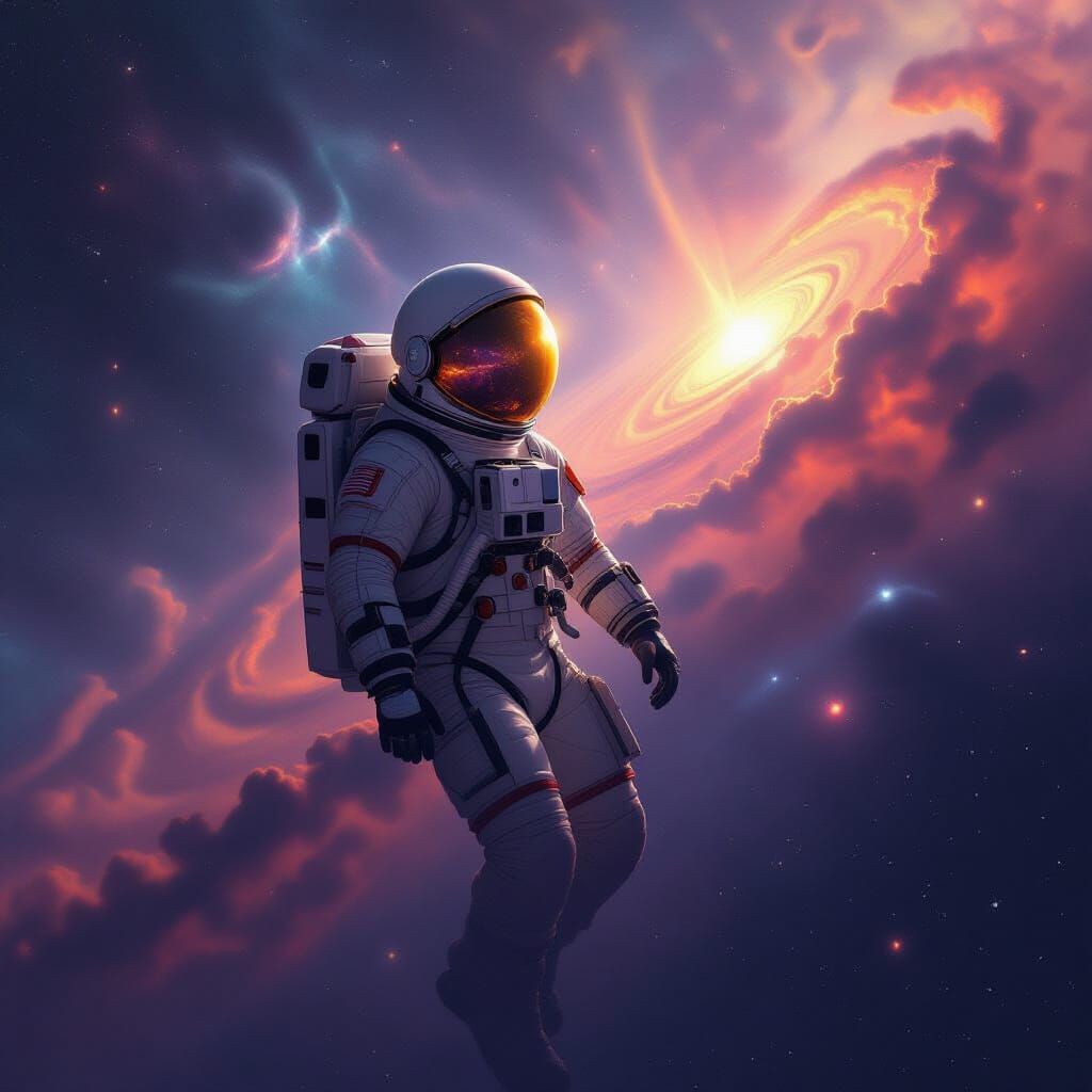 Astronaut Drifts Through Cosmic Nebula Reflecting Dying Star