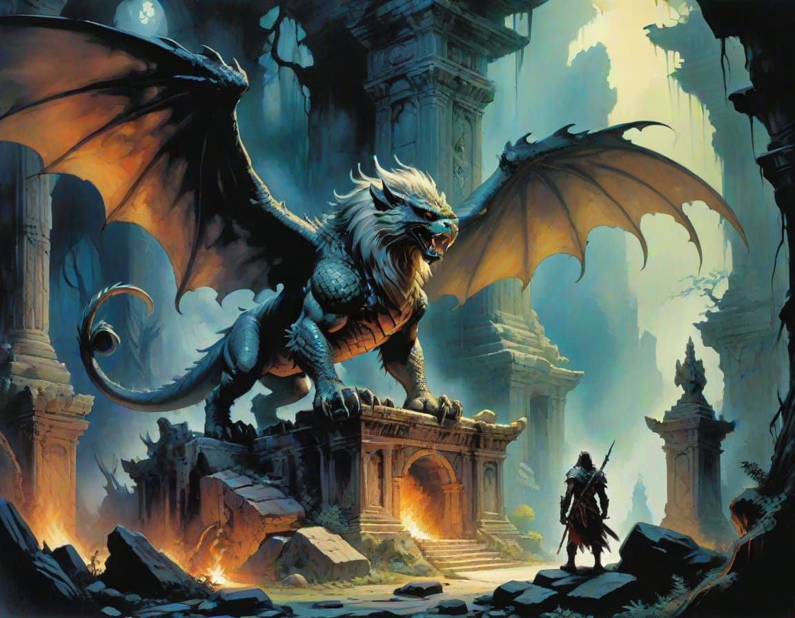 Ethereal Guardian of Ancient Ruins in Shabby Chic Watercolor