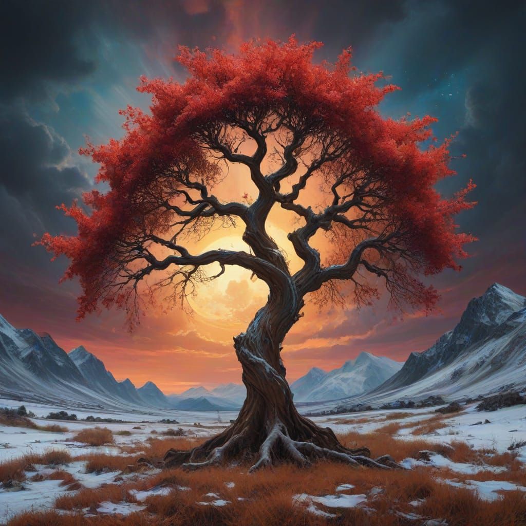 Whimsical Winter Landscape of a Majestic Magical Tree