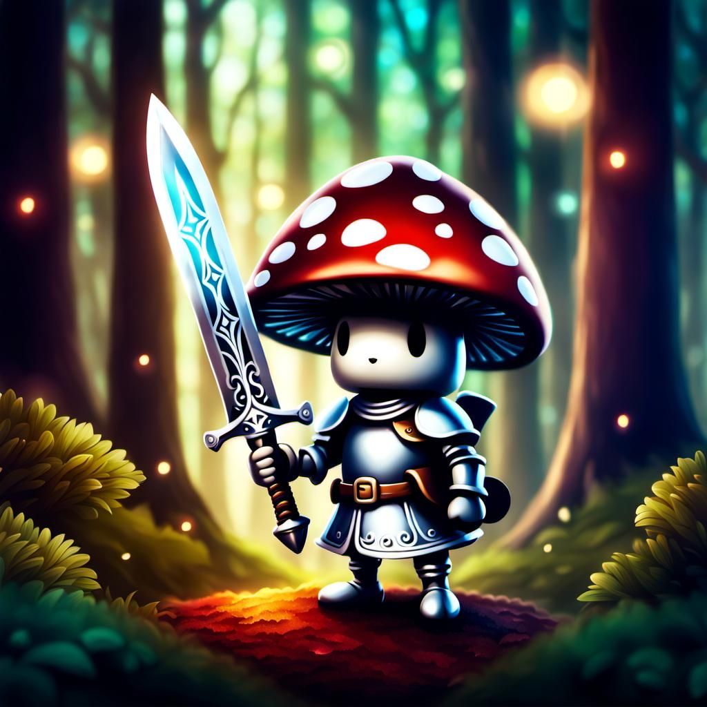 Mushroom Knight in Magical Forest Illustration