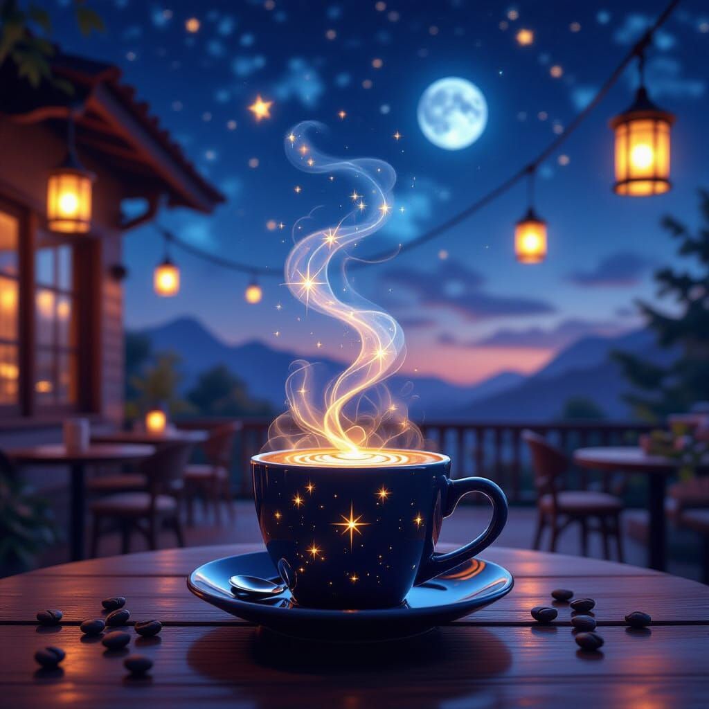 Celestial Coffeehouse Under Starry Sky with Swirling Constel...