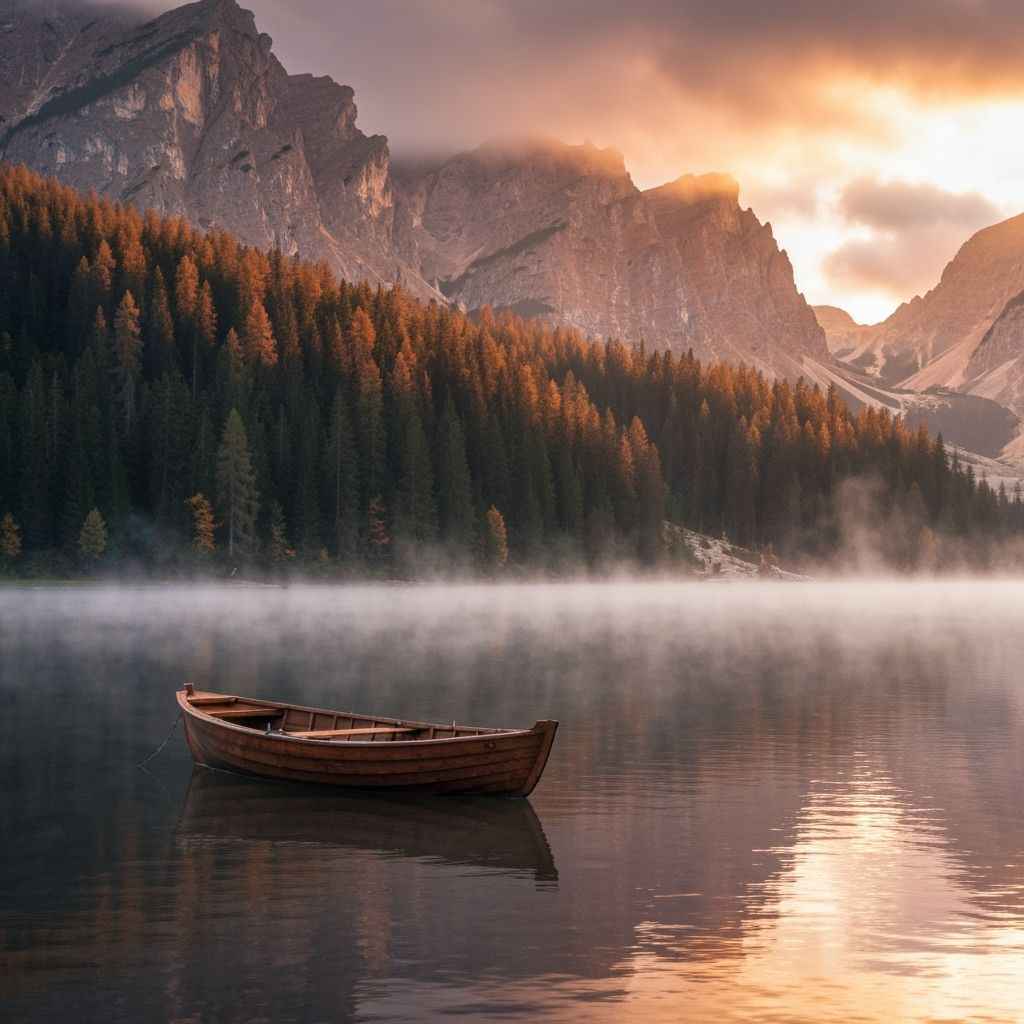 Peaceful Dawn: Wooden Boat on Misty Lake