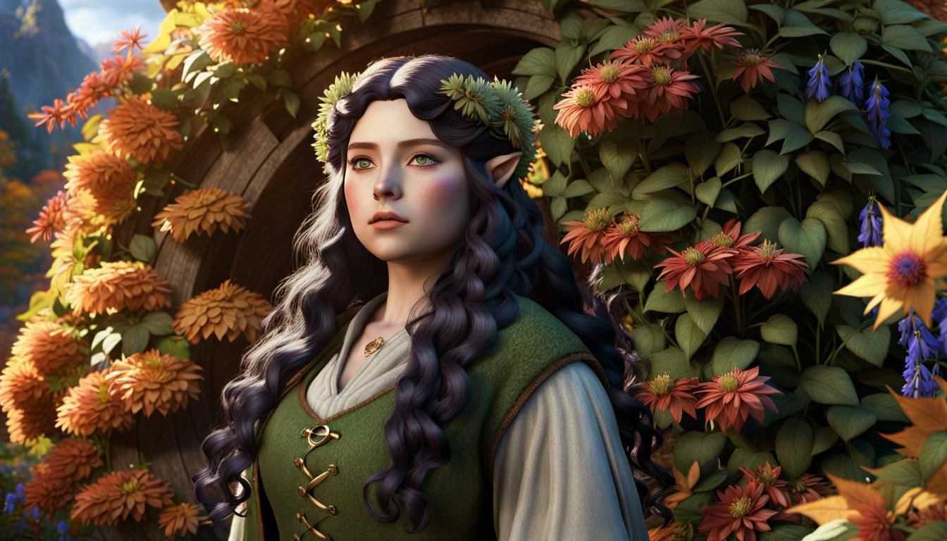 Hobbit Woman Surrounded by Autumn Flowers in 3D