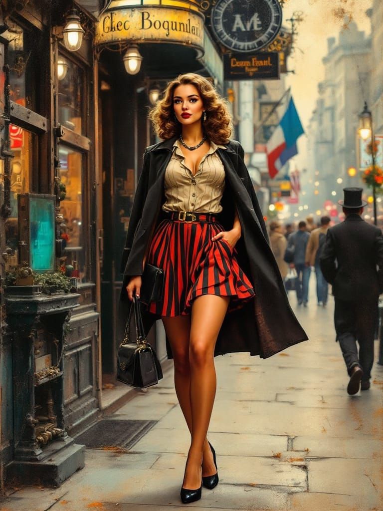 Steampunk Pin-Up Woman in Parisian Autumn Light