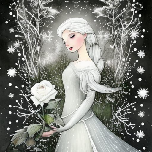 Monochrome White Rose Watercolor Winter Illustration