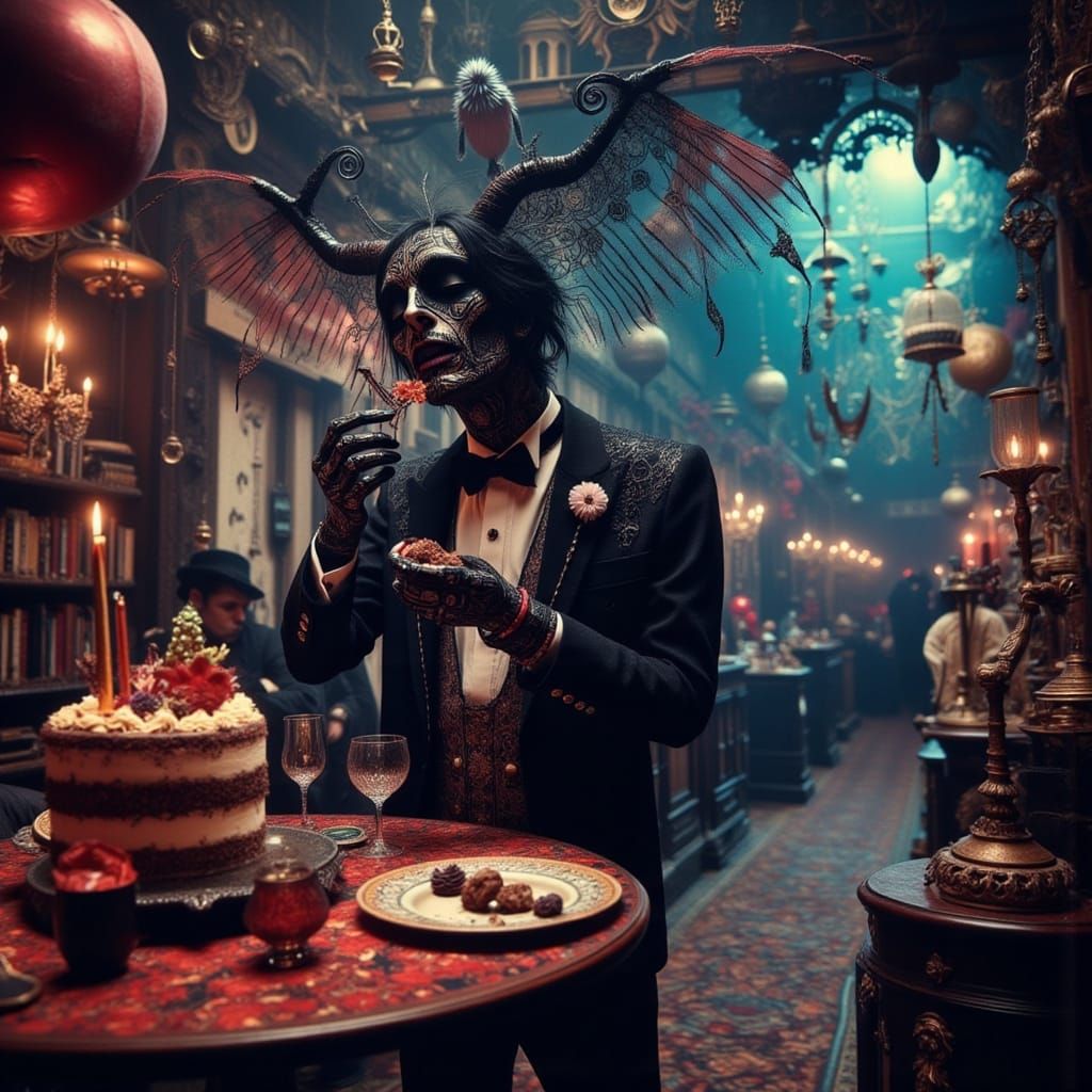 Cyberpunk Demon in Cityscape, Holographic Illustration