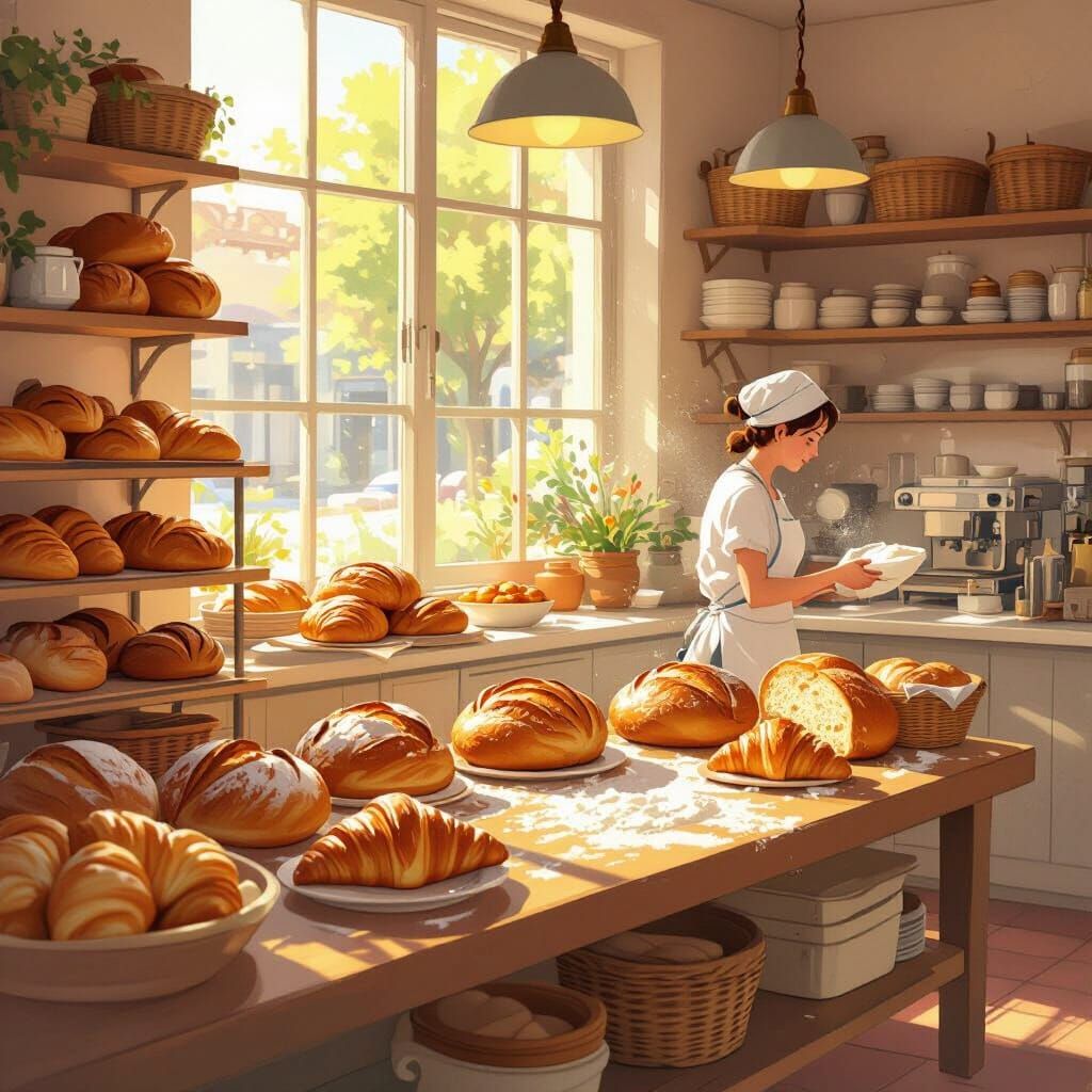Cozy Bakery Interior with Sunlight and Pastries