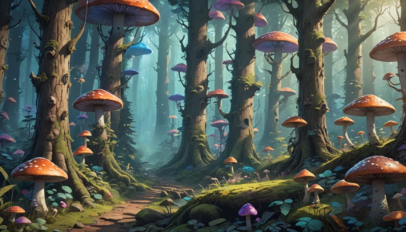 Mystical Forest with Cartoon Bear, Fantasy Art