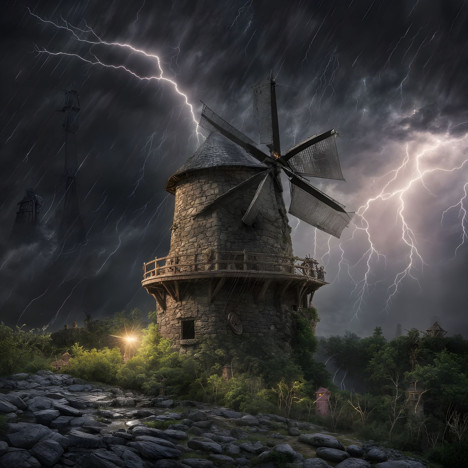 Epic Hyperrealistic Windmill Stormscape