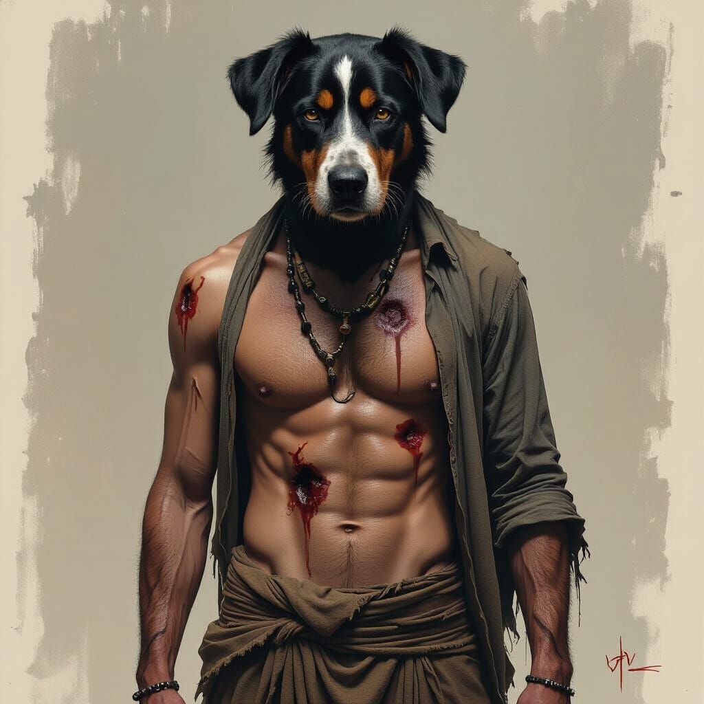 Dog-Headed Man in Dark Fantasy Style