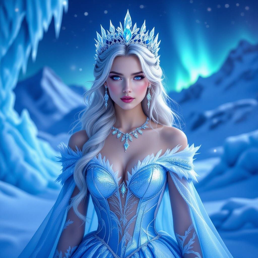 Icy Fantasy Princess in Winter Landscape, Hyperrealistic Art