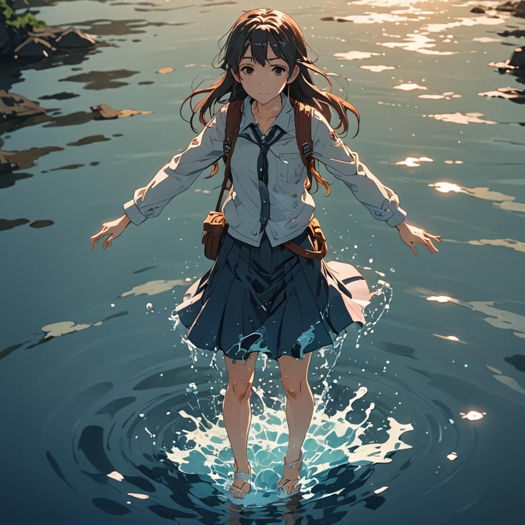Anime Woman Made of Water in Cel-Shaded Style