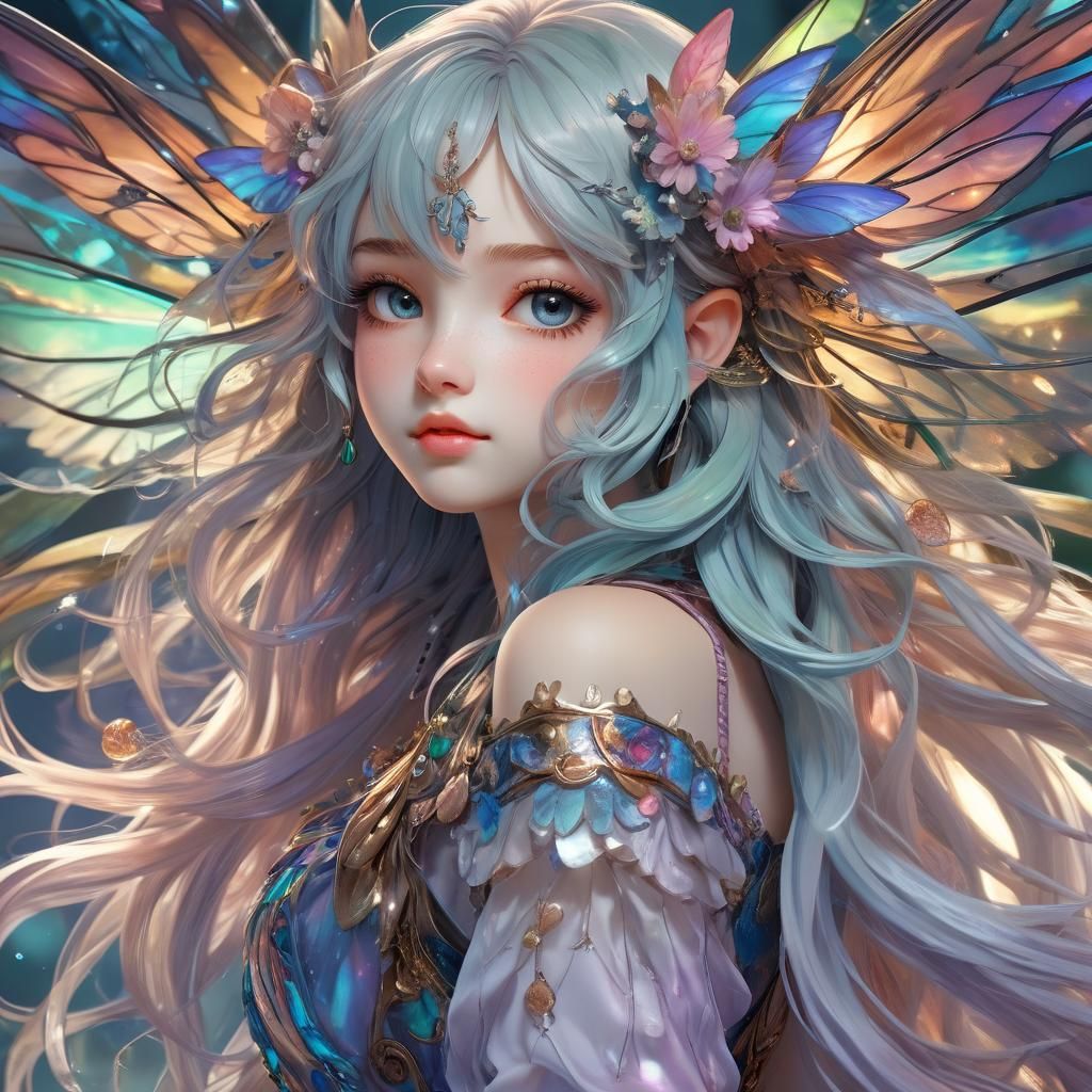 Anime Fairy Portrait with Holographic Wings