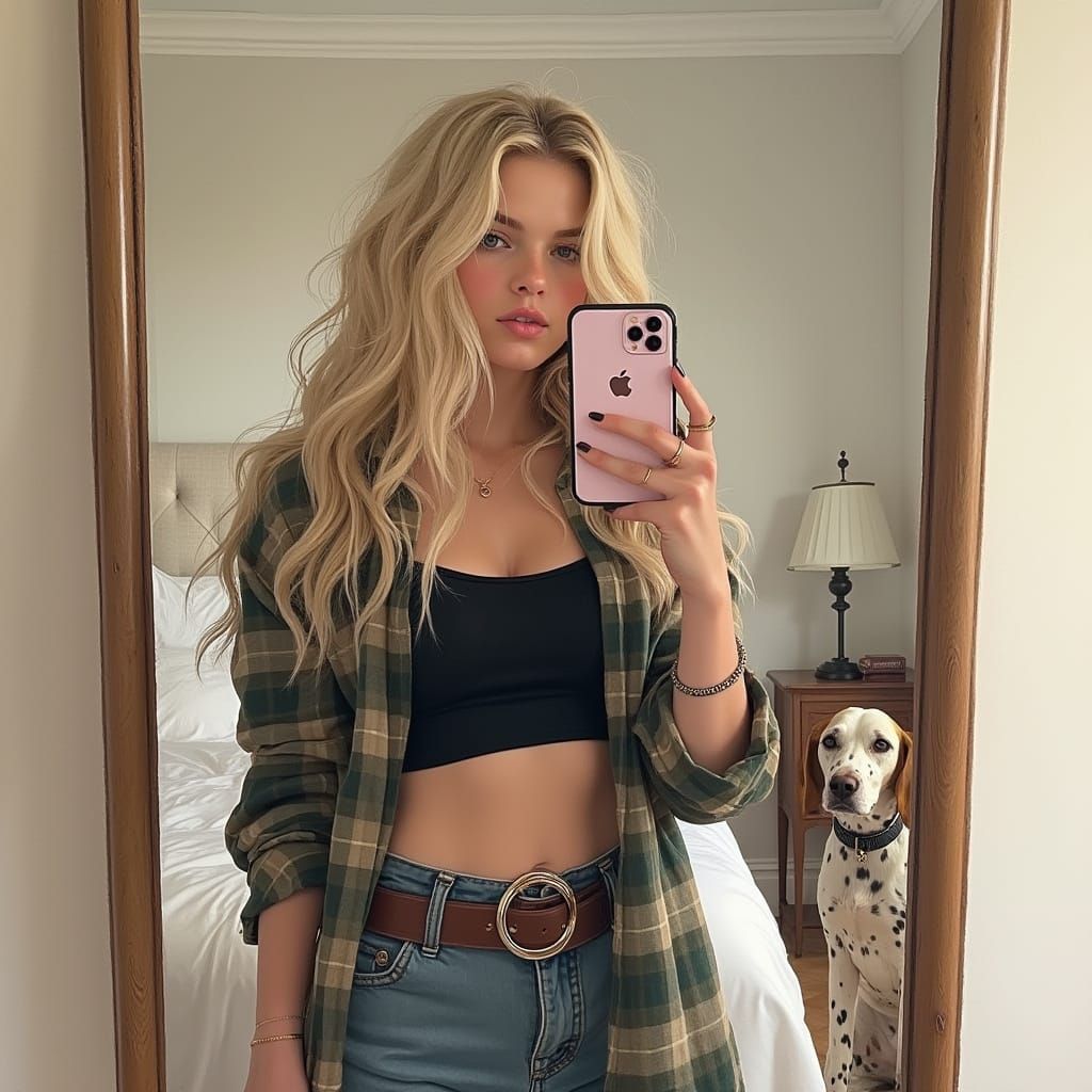 Realistic Pencil Drawing of a Young Woman Taking a Selfie in...