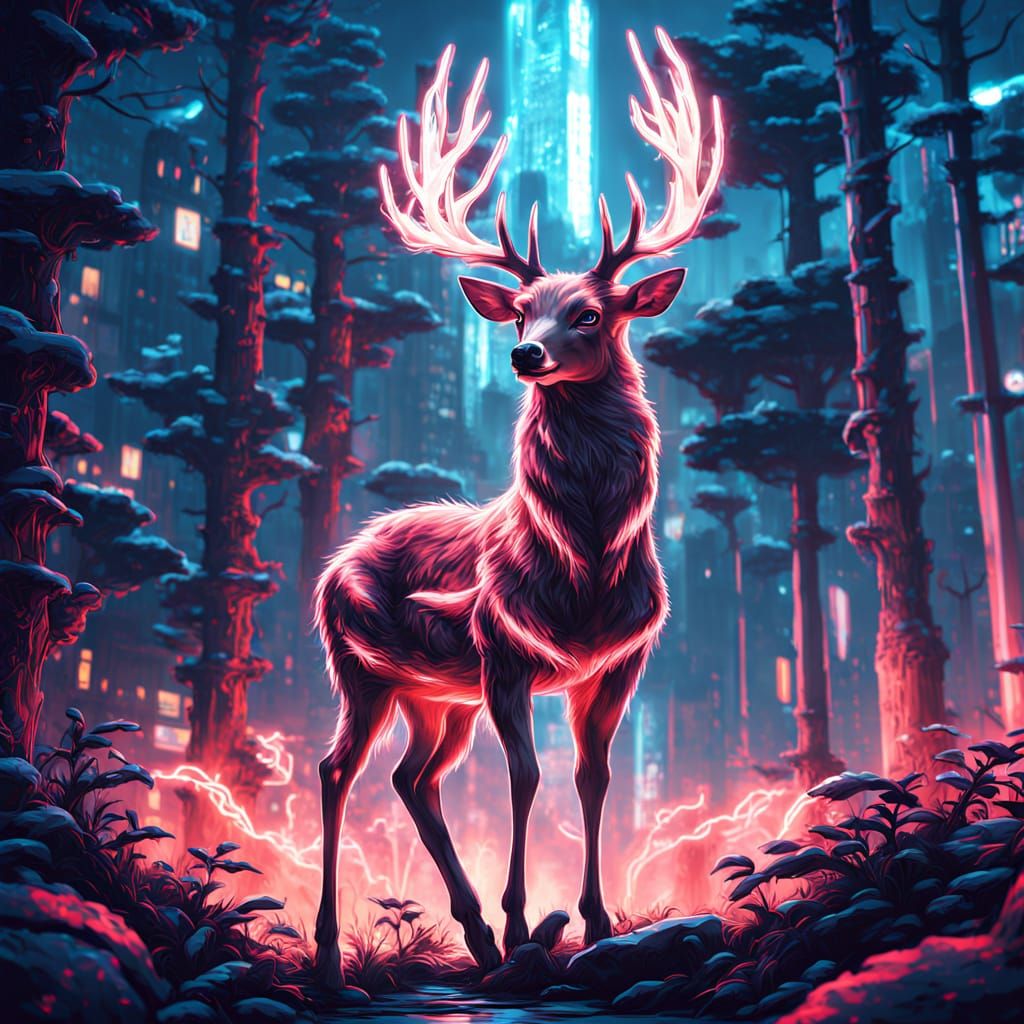 Cyberpunk Stardust Deer in Neon Forest