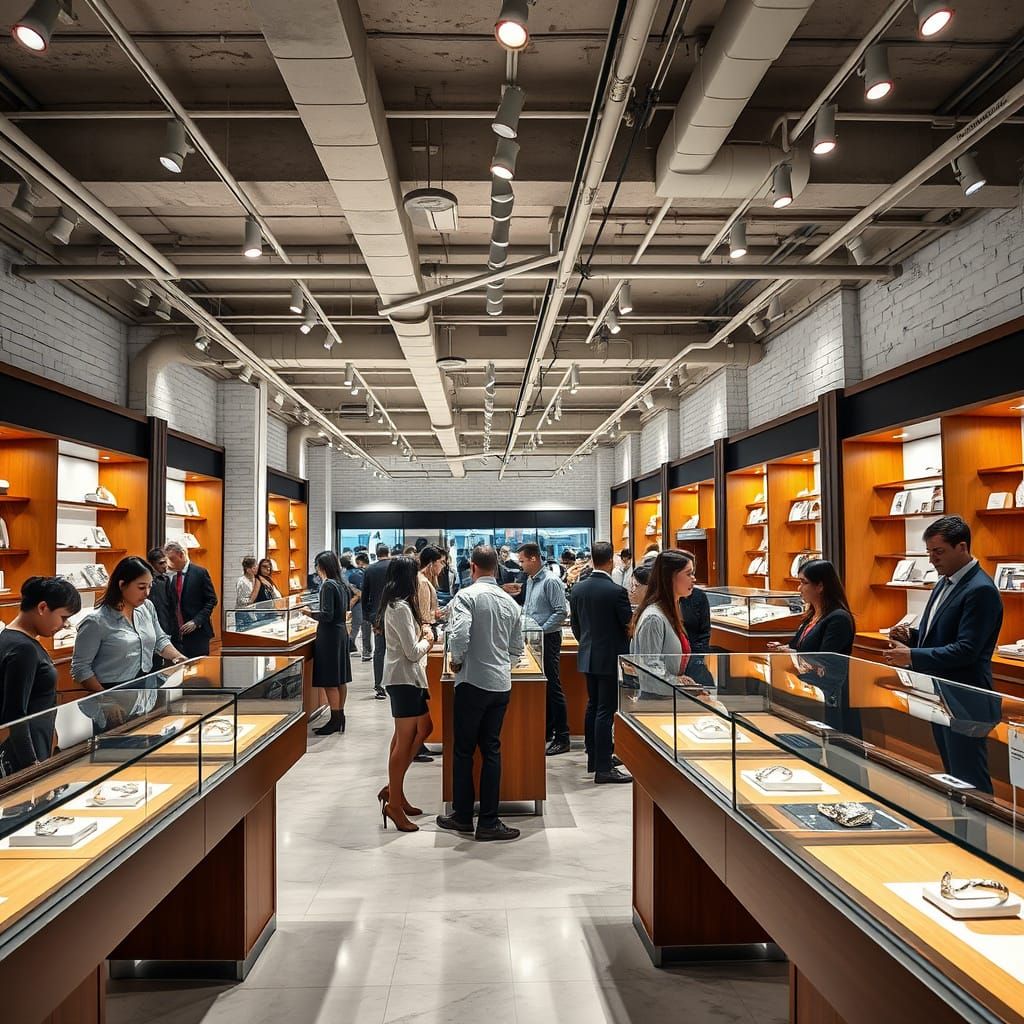 Upscale Jewelry Store Interior, Industrial-Chic Style