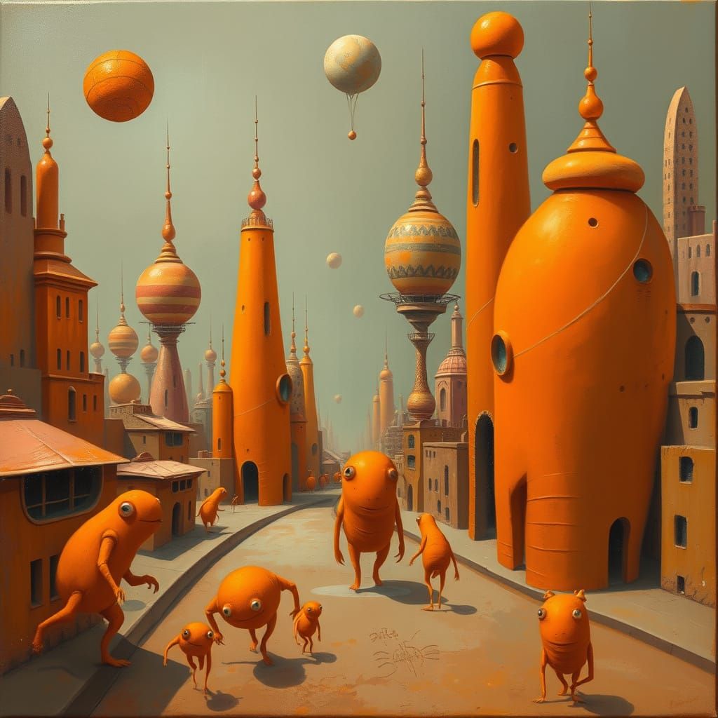 Surreal Orange Retro-Futuristic City Oil Painting