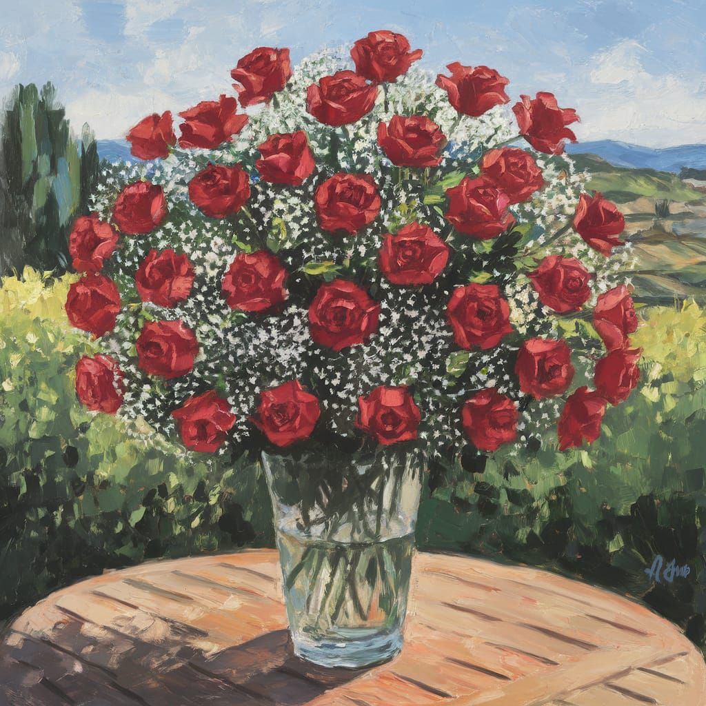 A massive bouquet of red roses and baby's breath in a glass ...