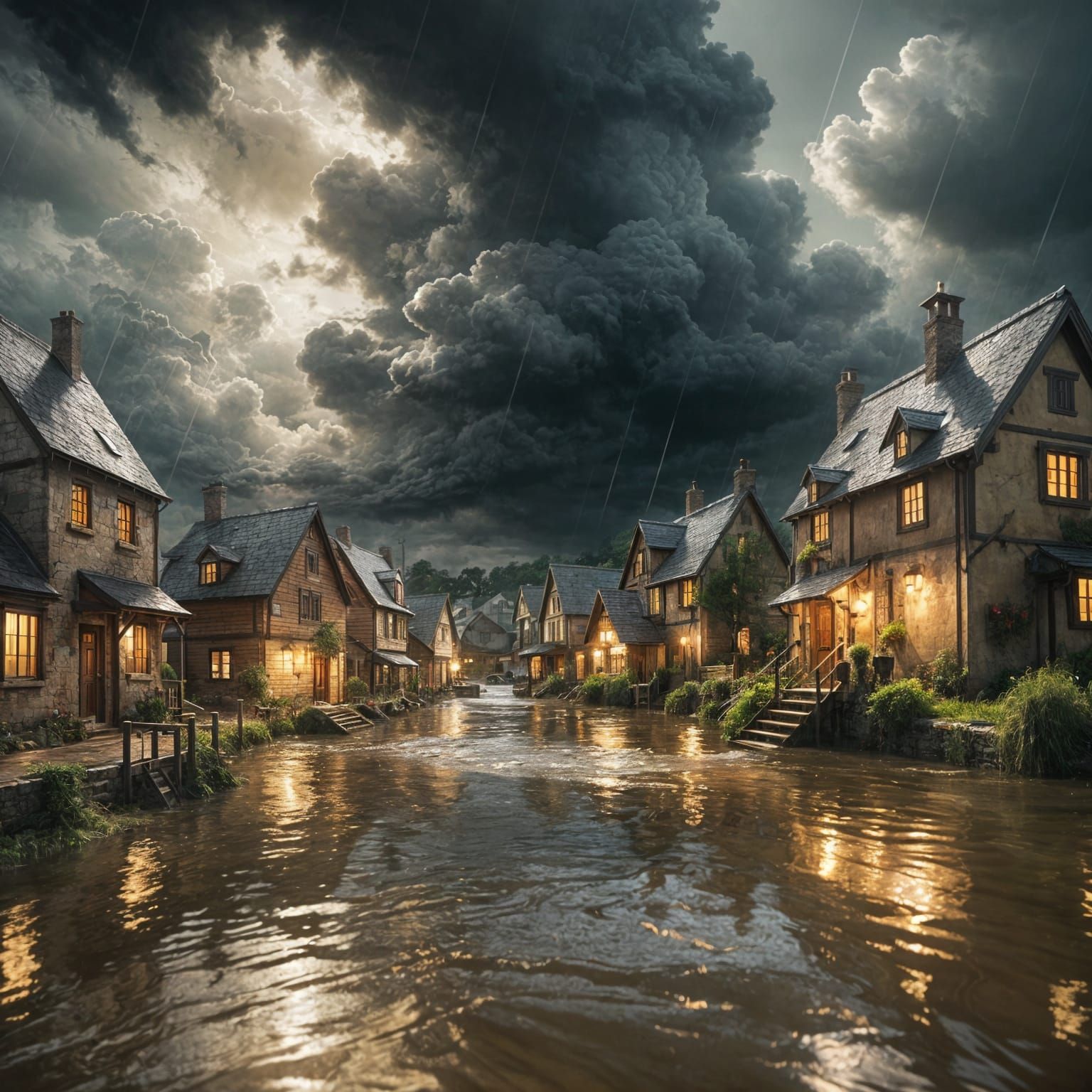 Flooded Village in Stormy Weather