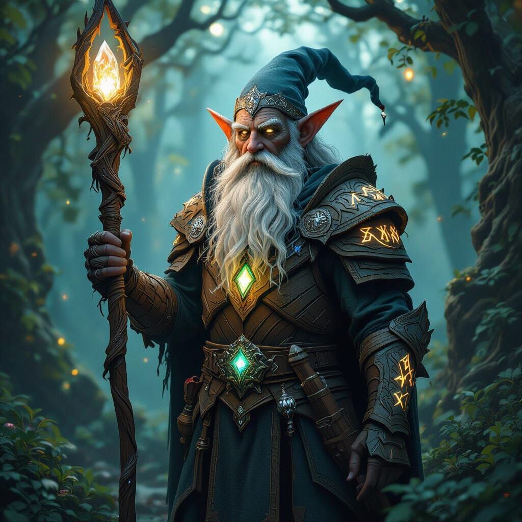 Wise Elf in Twilight Grove, Hyperrealistic Dark Fantasy