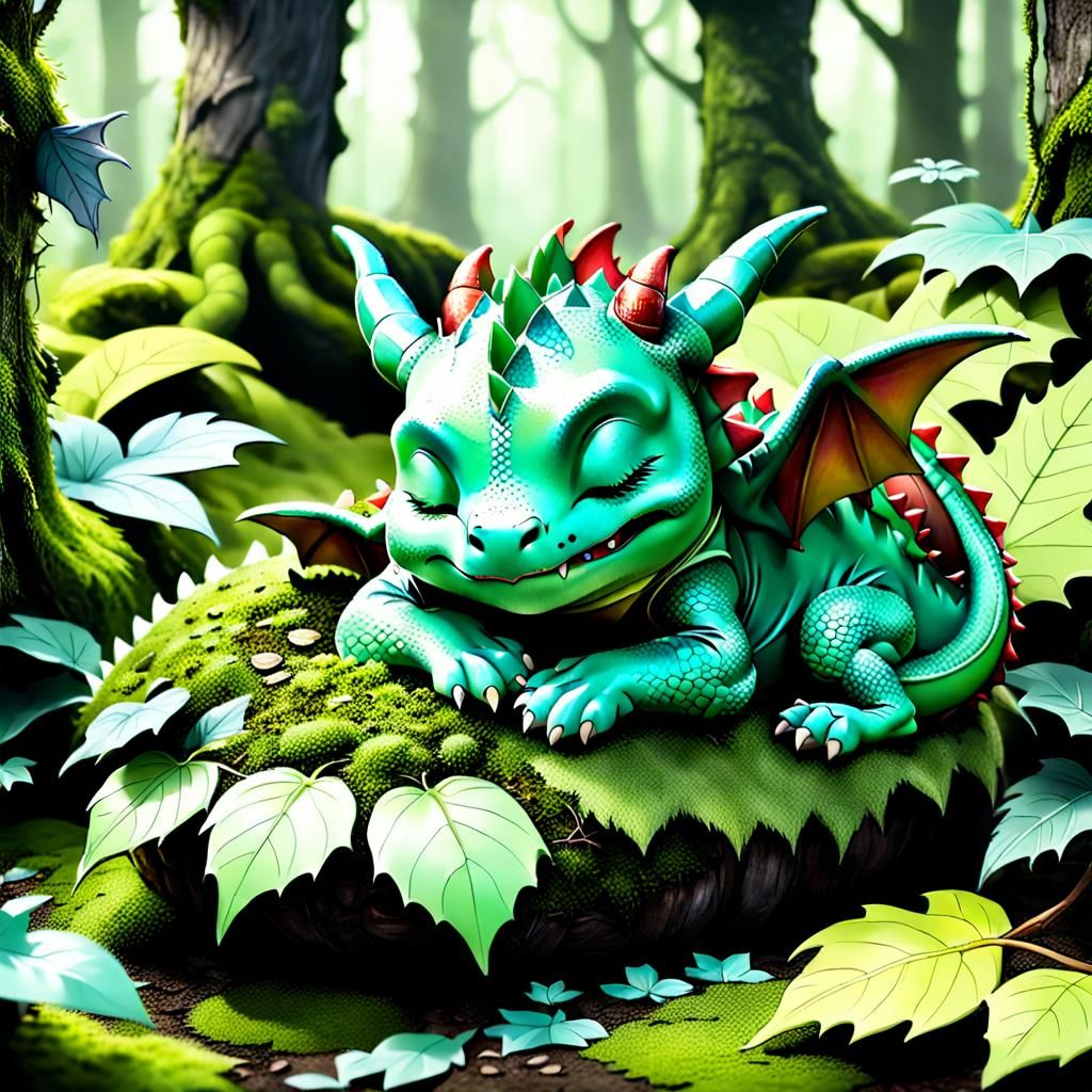 Forest Guardians Watch Sleeping Baby Dragon