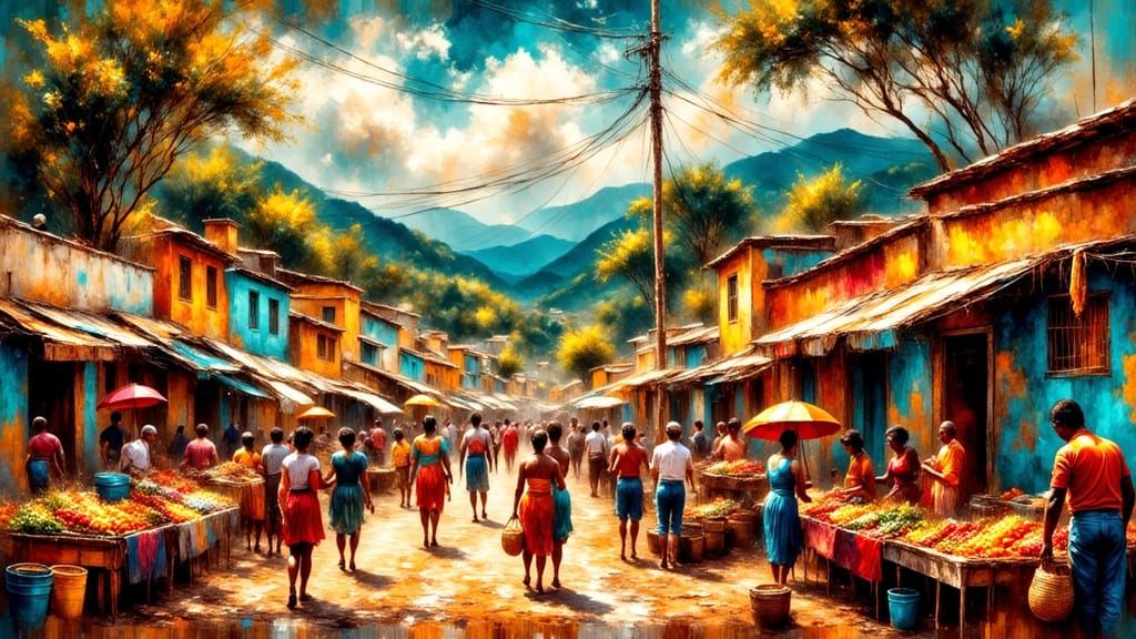 Vibrant Haitian Marketplace Serigraph Print