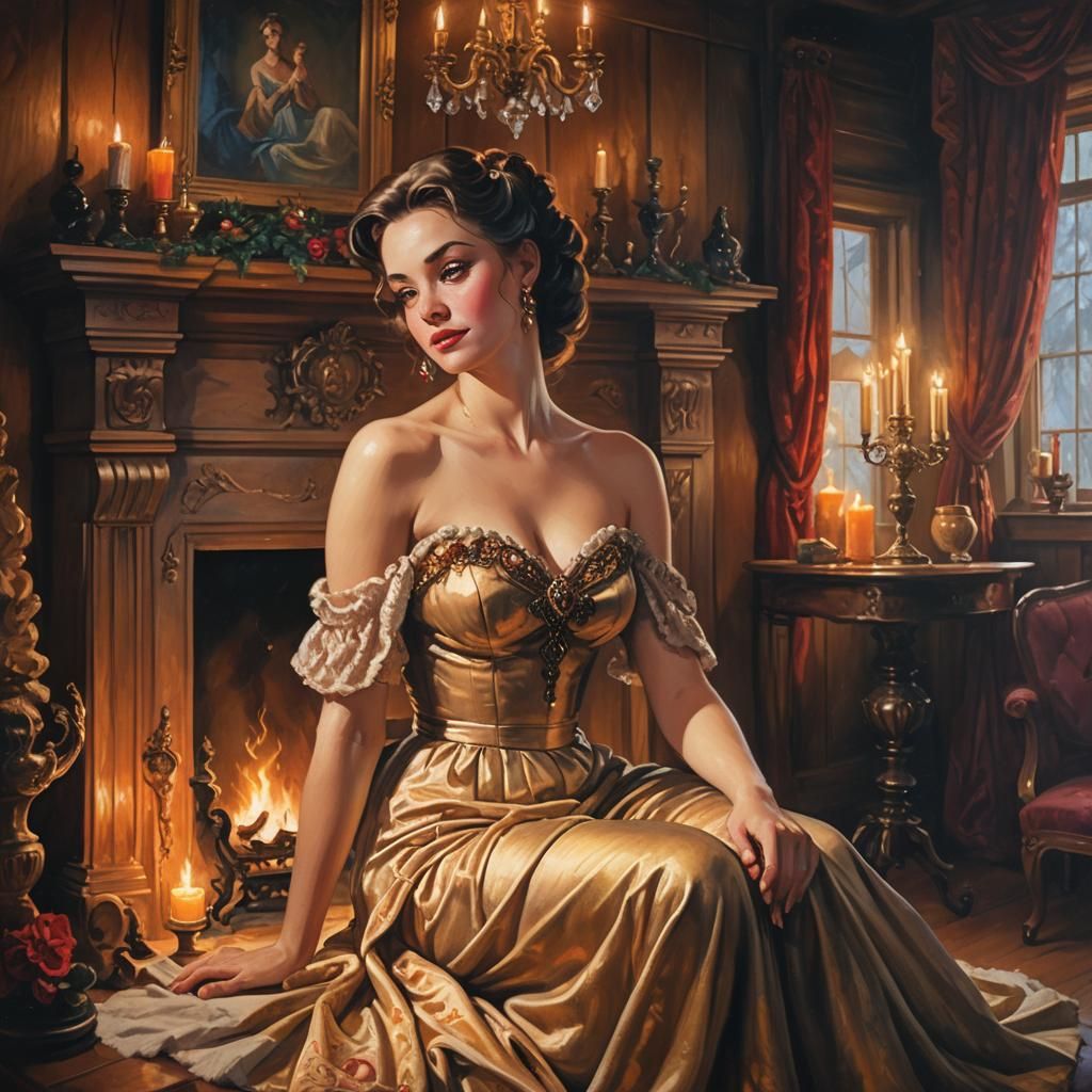 Pinup Girl in Cozy Cabin as Impasto Oil Painting