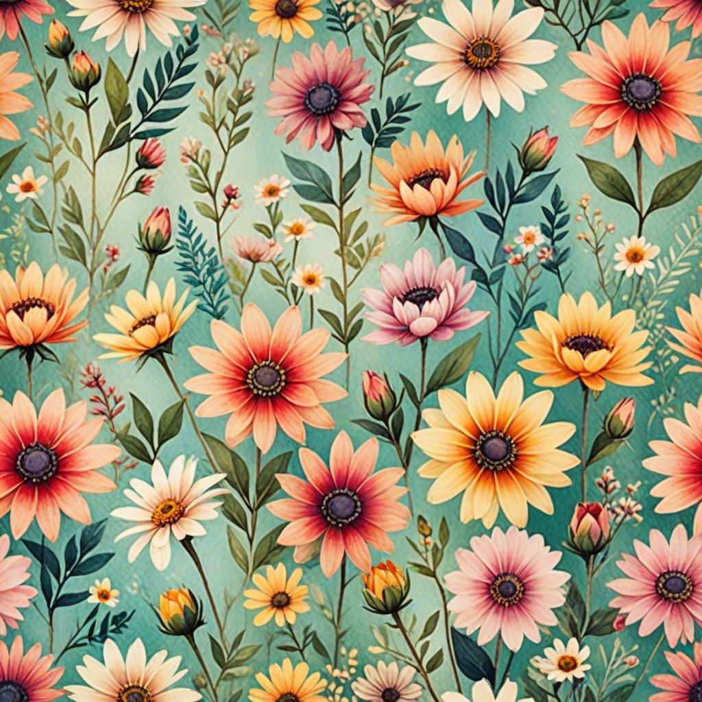 Botanical Scrapbook Paper Pattern with Soft Watercolor Textu...