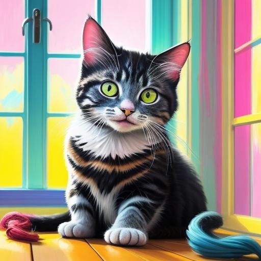 Cat Playing with Yarn in Fauvist Expressionism