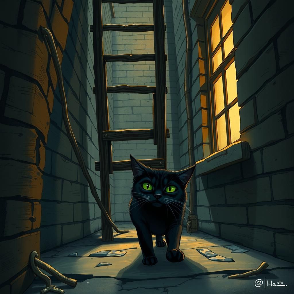 Black Cat Under Ladder in Noir Illustration