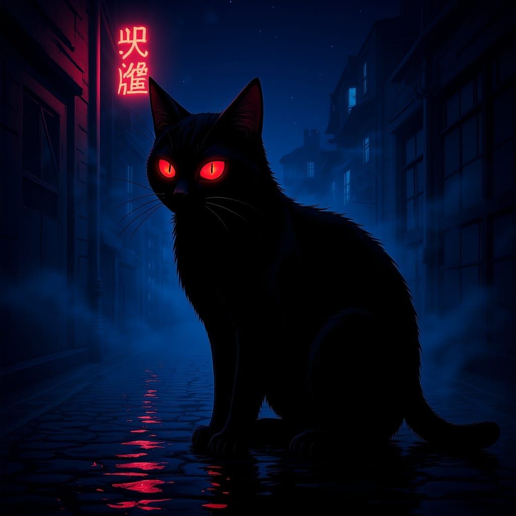 Black Cat in Neon Alley, Anime-Inspired Digital Art