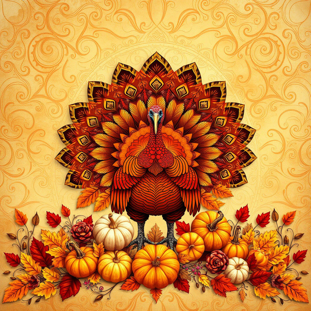 Thanksgiving Turkey with Autumn Leaves in Ornate Style